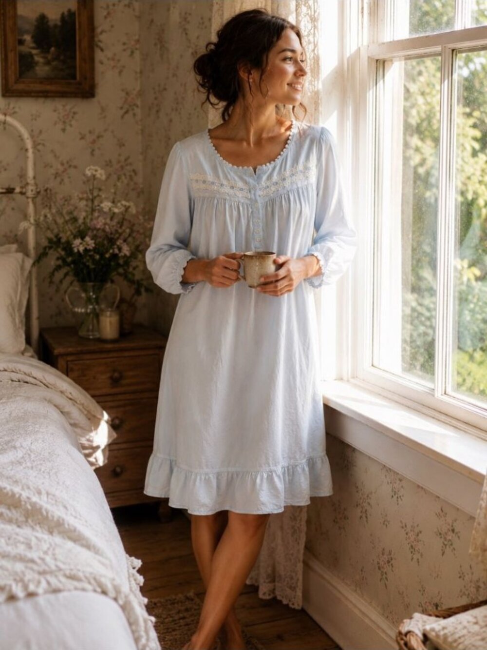 Eileen West Nightgown Blue Cottagecore Lace Trim Prairie Sleep Dress M